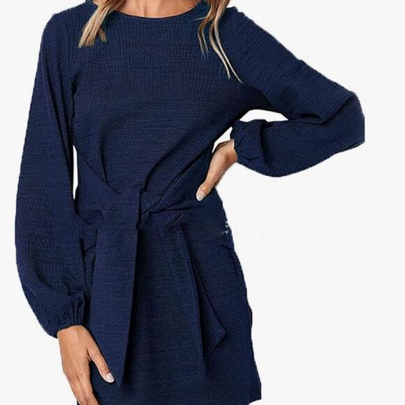 Prettygarden Navy Blue Balloon Sleeve Tie Front Mini Dress, M - Picture 8 of 9
